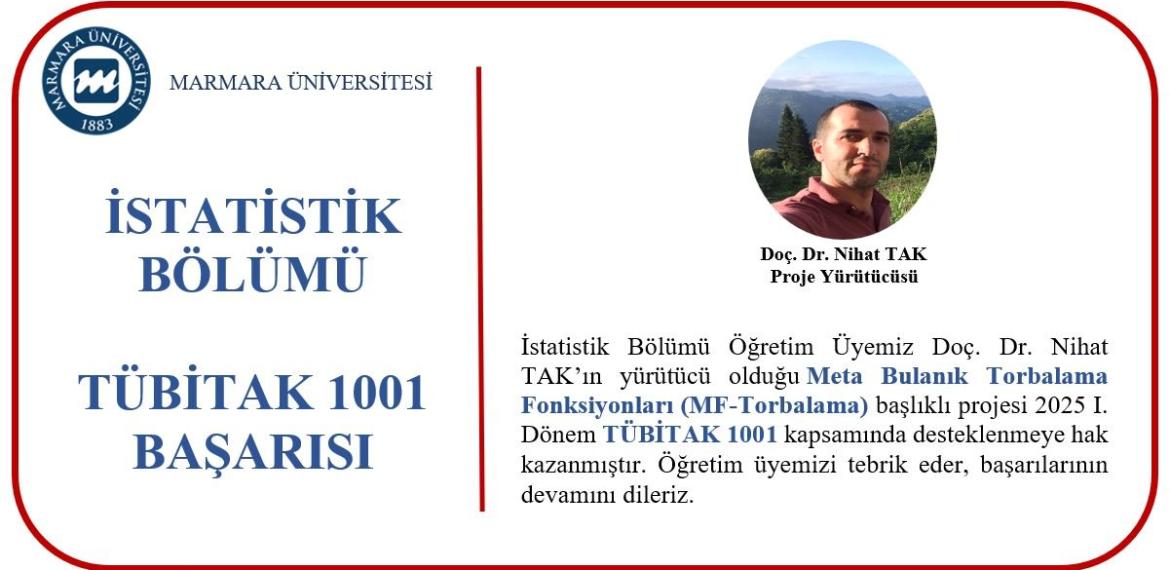 Bölümümüz Öğretim Üyelerinden Doç. Dr. Nihat TAK'ın yürütücü olduğu projesi Tübitak 1001 kapsamında desteklenmeye hak kazanmıştır. Değerli Öğretim Üyemizi üstün başarısından kutlarız.